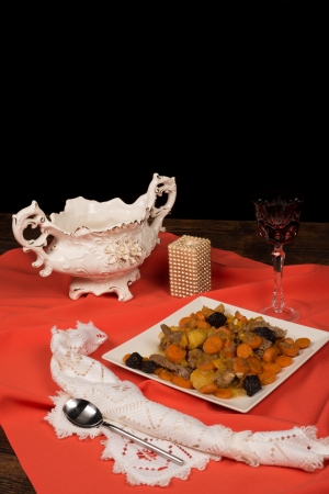 Tzimmes, a Jewish Rosh Hashanah classic on a festive tableの写真素材