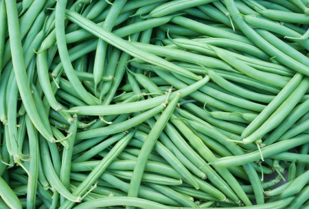 Full frame take of fresh green beans on a market stallの写真素材