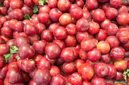 Full frame take of fresh plums on a street markets stallの写真素材