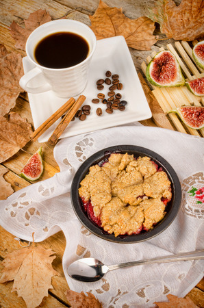 Homemade autumn crumble filled with fig marmaladeの写真素材