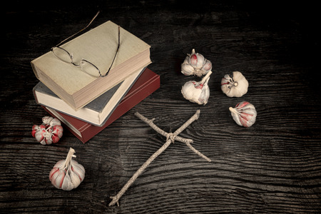 Old books and objects related to exorcismの写真素材