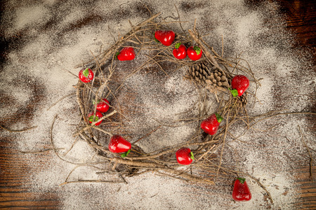 Rustic Christmas decoration set up on a wooden tableの写真素材