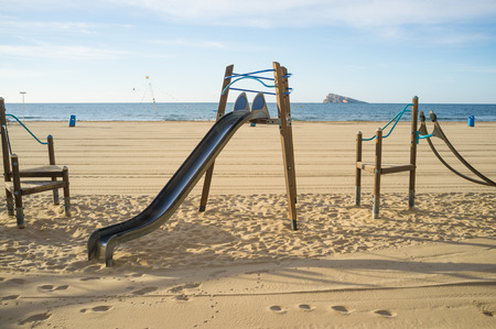 Leisure equipment on Benidorm beach, Costa Blanca, Spainの写真素材