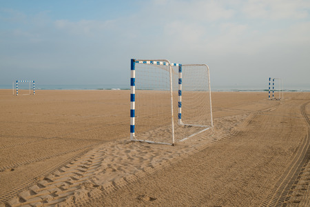 Beach soccer goals on a sunny sandy beachの写真素材