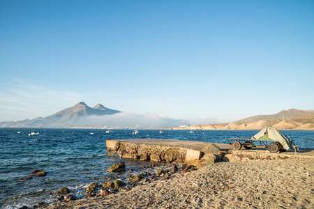 Trailer with fishing nets inside Cabo de Gata nature reserve, Andalusia, Spainの写真素材