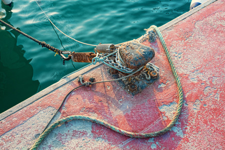 Bollard and rope on a commercial fishing pierの写真素材