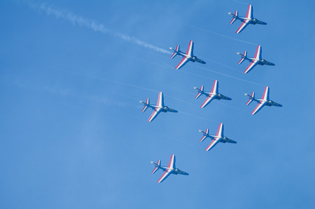 SAN JAVIER, SPAIN, OCTOBER18, 2015: Patrouille de France acrobatic squad taking place in the...