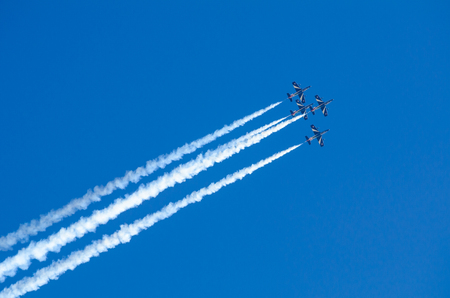 SAN JAVIER, SPAIN, OCTOBER18, 2015: Italian squad Frecce Tricolori taking part in the celebration of  Spanish Patrulla Aguila squad 30th anniversaryのeditorial素材