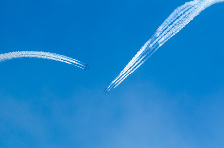 SAN JAVIER, SPAIN, OCTOBER18, 2015: Italian squad Frecce Tricolori taking part in the celebration of  Spanish Patrulla Aguila squad 30th anniversaryのeditorial素材