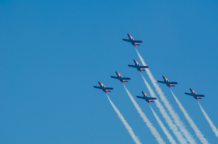 SAN JAVIER, SPAIN, OCTOBER 18, 2015: Spanish acrobatic squad Patrulla Aguila performing on their 30th anniversary celebration eventのeditorial素材