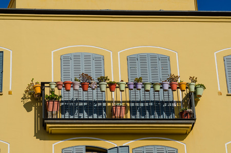 Detail of a charming Andalusian facade with flower pots on the balconyの写真素材