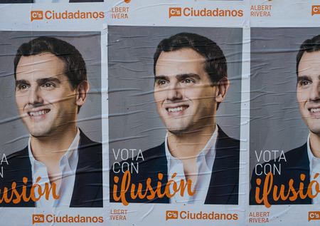MADRID, SPAIN-DECEMBER 4, 2015: Political campaign posters depicting oposition leader Rivera on the kickoff to the 2015 elections.のeditorial素材