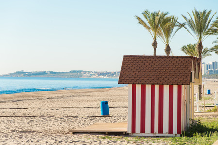 Wooden beach huts on Campello resort, Costa Blanca, Spain の写真素材