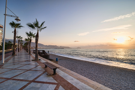 Sunrise on idyllic Altea resort bay, Costa Blanca, Alicante, Spainの写真素材