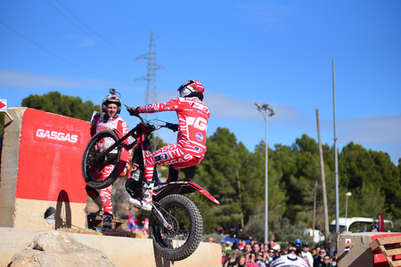 LA NUCIA, SPAIN - FEBRUARY 11th 2018: Jeroni Fajardo on a GasGas bike masters an obstacle at the Spanish National Trial Championship.のeditorial素材