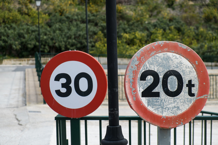 Two traffic signs with speed and weight limits
