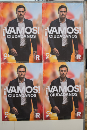 VALENCIA; SPAIN- April 11; 2019: Political campaign poster depicting  conservative presidential candidate Albert Riveraのeditorial素材