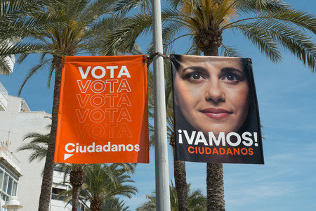 VALENCIA, SPAIN- April 11, 2019: Political campaign poster depicting Ciudadanos party candidatesのeditorial素材