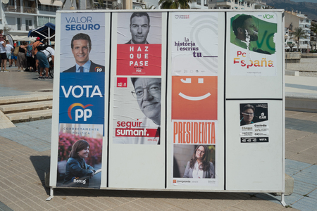 VALENCIA, SPAIN- April 11, 2019: Political campaign poster depicting left wing presidential candidate  Pedro Sanchezのeditorial素材