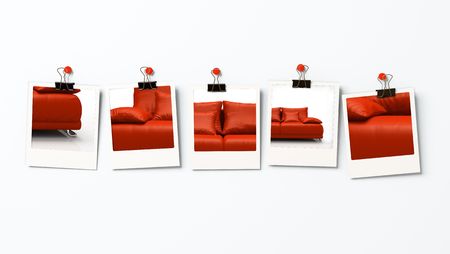 Five photo blanks with different parts of red sofa