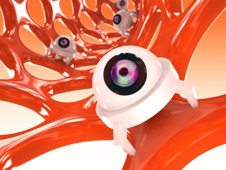 Orange nanotube structure with small robots 3D renderingの写真素材