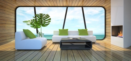 Modern interior of the beach house 3D rendering