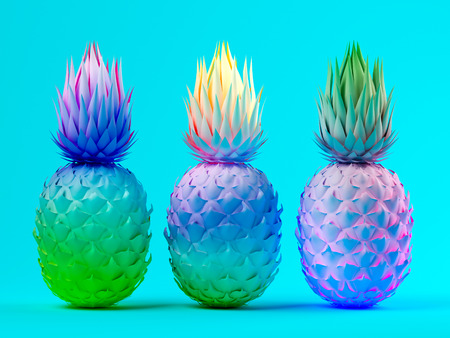 Multicolor pineapples on blue background 3 D renderingの写真素材