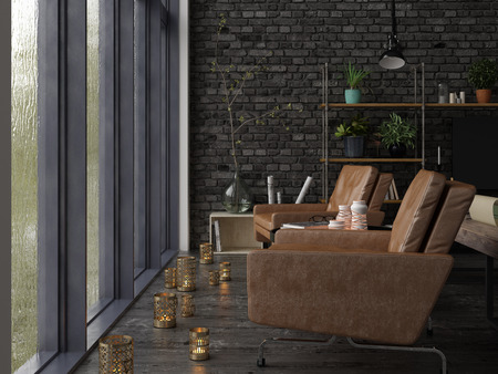 Loft style interior design 3 D rendering