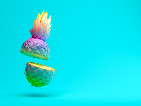 Multicolor slice pineapple on blue background 3 D renderingの写真素材