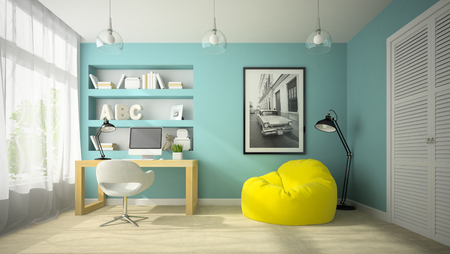 Interior of modern design room with yellow beanbag 3D renderingの写真素材