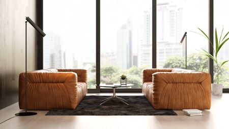 Interior of modern living room with sofa 3D rendering