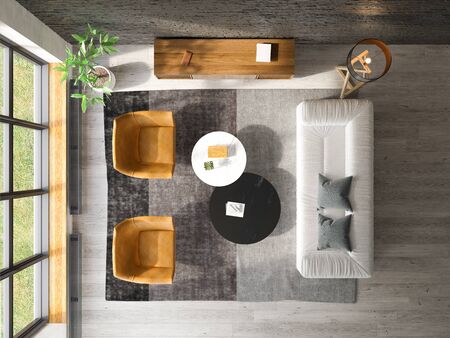 Interior of modern living room top view 3D renderingの写真素材