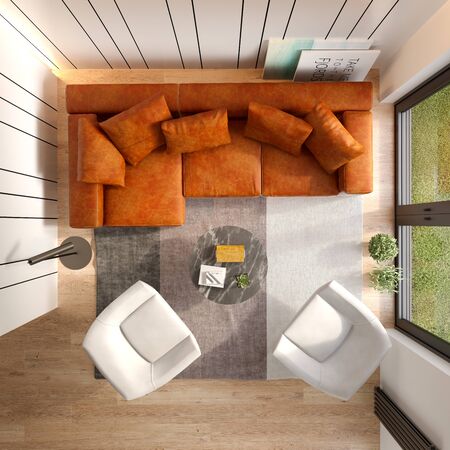 Interior of modern living room top view 3D renderingの写真素材