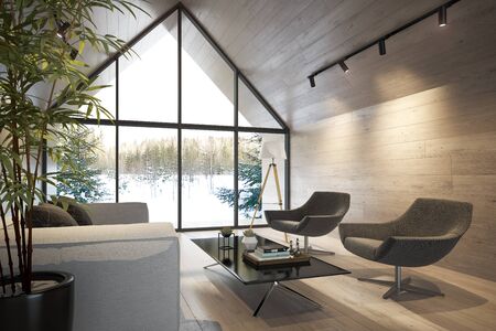 Interior living room of a forest house 3D renderingの写真素材