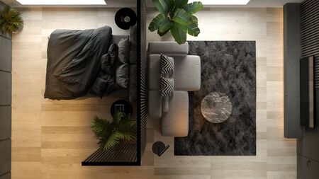 Top view Black minimalist Interior of modern living room 3D renderingの写真素材