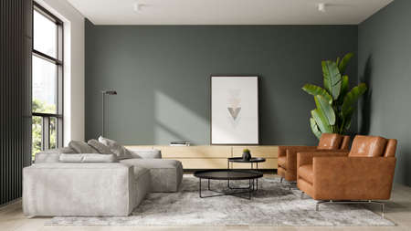 Minimalist Interior of modern living room 3 D rendering