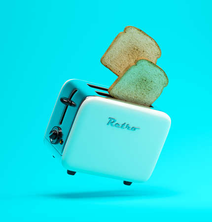 Flying toaster on blue background 3 D illustrationの写真素材