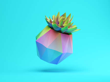 Flying succulent in a pink pot on blue background 3 D illustrationの写真素材