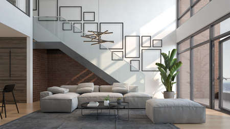 Minimalist Interior of modern living room 3D renderingの写真素材