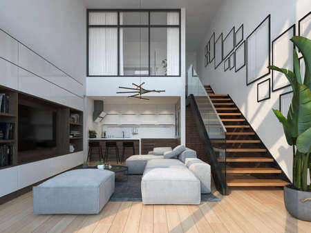 Minimalist Interior of modern living room 3D rendering