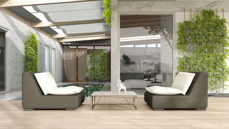 Minimalist Interior of modern living room 3D rendering