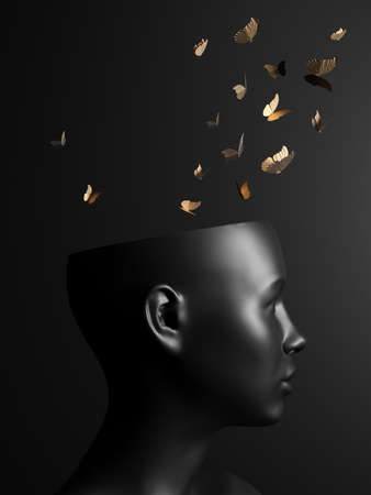 Womans head and butterfly flying freedom and liberty black background. 3D rendering