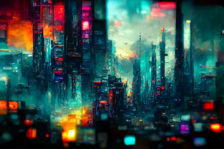 night view city cyberpunk style 3D renderingの写真素材