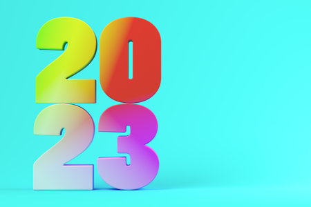 colorful numbers 2023 on a blue background 3D illustrationの写真素材