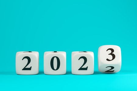 dice with numbers 2023 on a blue background 3D illustration