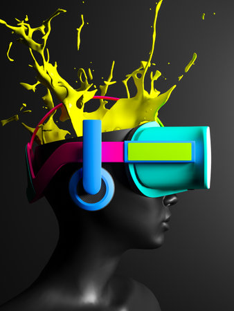Head with colorfull VR headset and yellow explosion splash on black background. 3D rendering