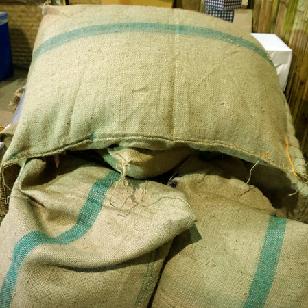 Sacks of rice were placed at the mill.To be sold to middlemen.の写真素材