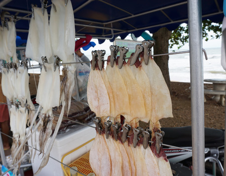 Fresh and dried squids in role for sell of the mobile shop in Thailandの写真素材