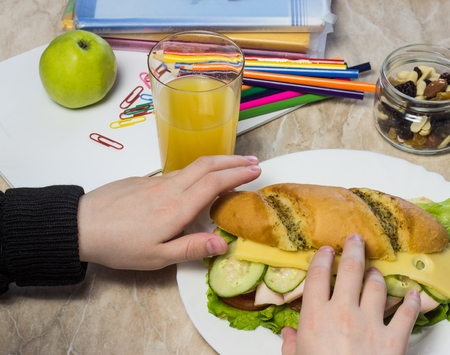 The girl collects a sandwich in school, on a table pencils, paper clips, apple, juice, dried fruits and textbooksの写真素材
