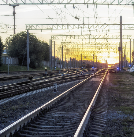 Railway, several paths sunset vintage travel and railroadの写真素材